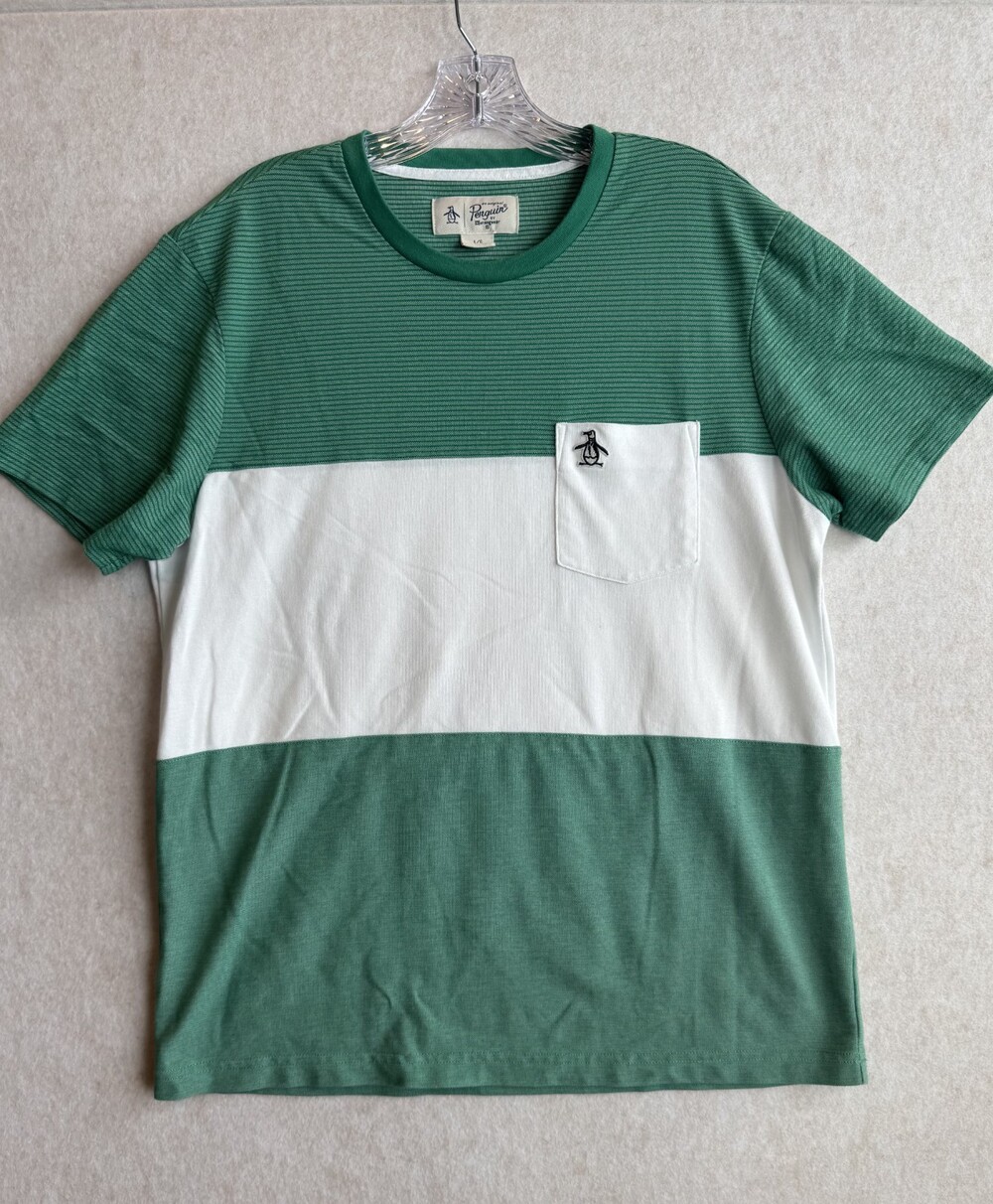 Original Penguin Munsingwear Mens L Green White Colorblock Pocket T Shirt Logo
